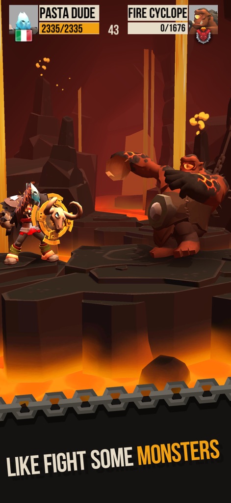 Duels - PVP game of Knighthood - This image highlights the perilous dungeon environments where players confront formidable monsters, such as the cyclops enemy in a lava-filled arena.