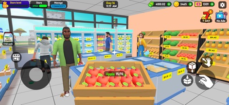 Supermarket Tycoon 3D - The game highlights meticulous product stocking, from fresh apples in crates to diverse items in refrigeration units, ensuring a vibrant shopping environment.