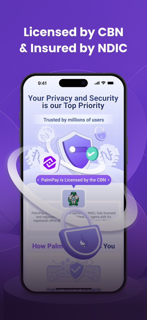 PalmPay - Transfers, Bills - This tool prioritizes user trust, displaying a "Your Privacy and Security is our Top Priority" shield graphic and clearly stating that "PalmPay is Licensed by the CBN".