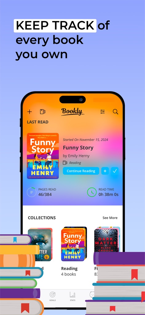 Bookly: Book Tracker - La sezione "My Books" consente di gestire e organizzare l'intera collezione di libri, con la possibilità di creare "Collections" personalizzate.