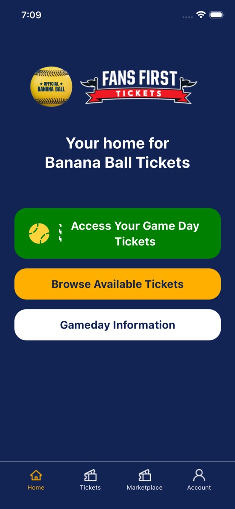 Fans First Tickets - This introductory screen clearly presents primary actions like "Access Your Game Day Tickets" and "Browse Available Tickets", complemented by a user-friendly bottom navigation bar for seamless app exploration.