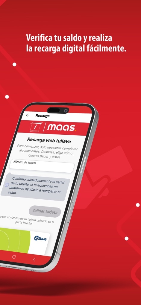 TransMi App - La sección de recarga permite a los usuarios gestionar su saldo introduciendo el 'Número de tarjeta' y validándolo, simplificando el proceso de pago.
