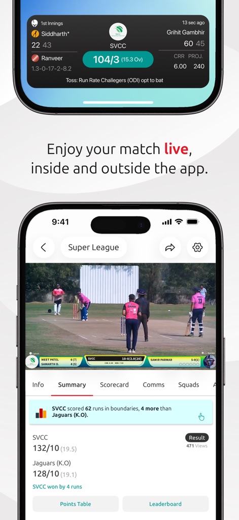 CricHeroes-Cricket Scoring App - Enjoy an immersive live streaming experience, featuring a dynamic scoreboard overlay and detailed match summaries presented below the video feed.