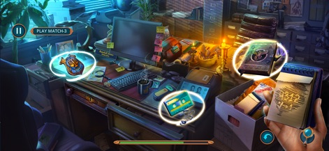 Mystery Files: Hidden Objects - Uncover clues within detailed scenes, highlighting interactive items like a police badge and a vintage cassette tape scattered across a detective's desk.
