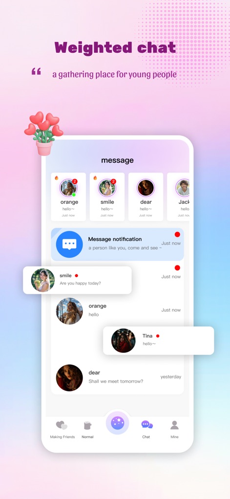Private Meeting:Chat Nearby - Gli utenti beneficiano di una gestione intuitiva delle chat con un elenco chiaro delle conversazioni recenti nella parte superiore della schermata e notifiche di "Message notification" che segnalano l'arrivo di nuovi scambi.