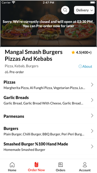 Mangal Smash Burgers Pizzas. Screenshot