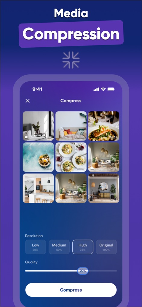 Cleaner ・Phone Storage Cleanup - Users can easily compress media using the app's tools, selecting desired resolution presets like "Low" or "High" and fine-tuning quality with a clear percentage slider.