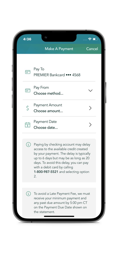PREMIER Credit Card - The intuitive "Make a Payment" interface guides users through selecting payment methods and amounts, while clear notices address potential payment delays and late fees.