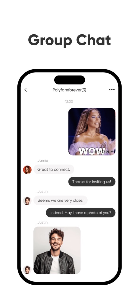 3Fun: Couples & Singles Dating - This tool enables engaging "Group Chat" interactions, complete with multiple participants and the ability to share multimedia content like GIFs for richer conversations.