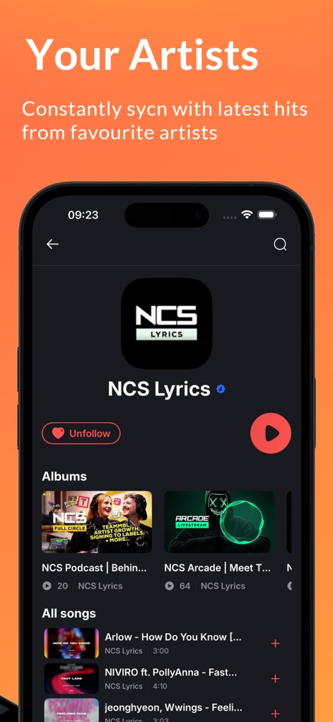 Music Player & iMusic・eTube - Delve into the comprehensive artist pages, showcasing curated albums and a detailed list of tracks, alongside options to follow or unfollow artists for a personalized feed.