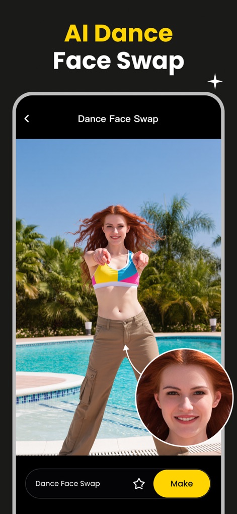 AI Movie Generator - KakaPic - AIがユーザーの顔をダンス動画の人物に自然に入れ替え、元の顔と合成されたダンスの様子を視覚的に体験できます。