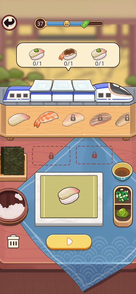My Sushi Story - 이 인터페이스는 초밥 제작 과정을 보여주며, 사용자는 김과 밥을 사용하여 다양한 토핑이 준비된 컨베이어 벨트 앞에서 초밥을 직접 만들 수 있습니다.