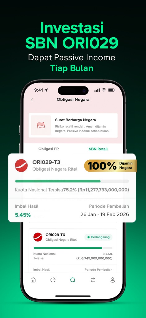 Bibit - Reksadana & Obligasi - La aplicación presenta "Bonos del Estado Garantizados", donde los usuarios ven claramente que la inversión es '100% Dijamin Negara' y pueden obtener 'Ingresos Pasivos Cada Mes'.