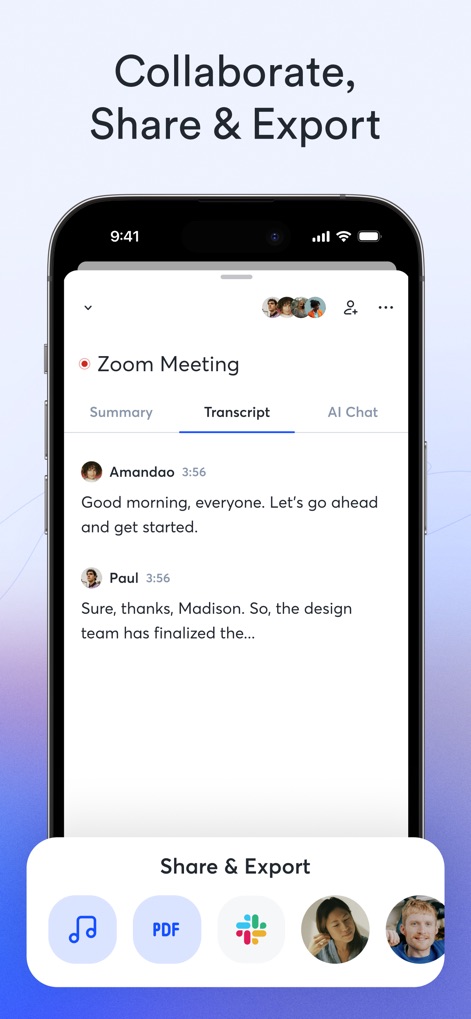 Otter Transcribe Voice Notes - Esta imagen resalta las amplias capacidades de "Share & Export" de la herramienta, ofreciendo opciones para compartir transcripciones en formatos como "PDF" o colaborar directamente en la sección "Transcript" de una reunión.
