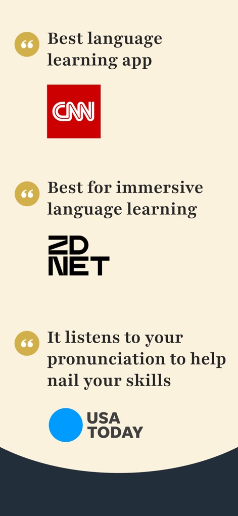 Rosetta Stone: Learn Languages - A tela exibe citações de veículos renomados como "CNN" e "USA TODAY", validando o aplicativo como a "melhor ferramenta de aprendizado de idiomas" e destacando sua eficácia no mercado.