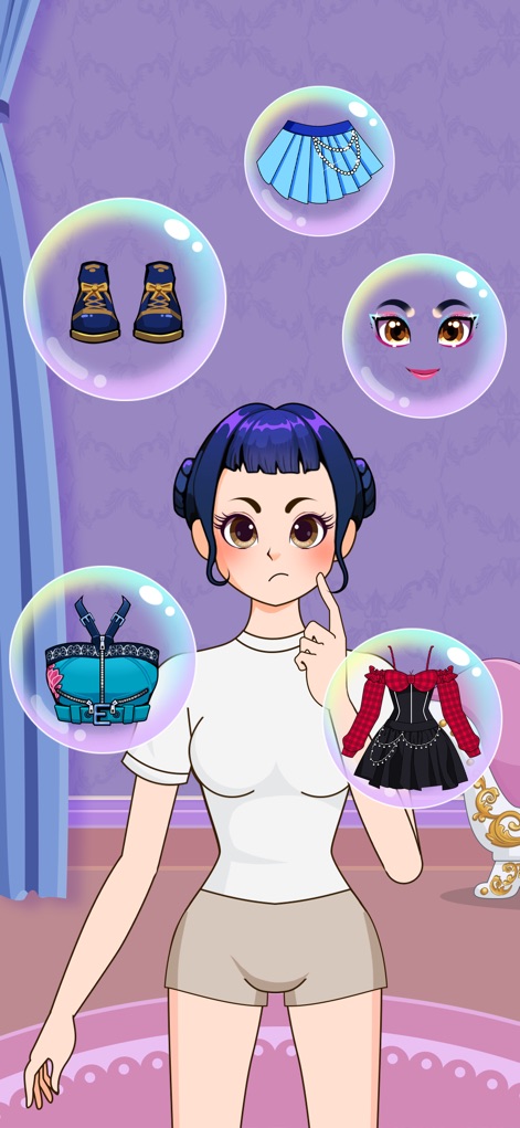 Star Style: Left Right Fashion - The app presents a wide array of clothing item bubbles and allows users to explore various style options through the avatar's thought process.