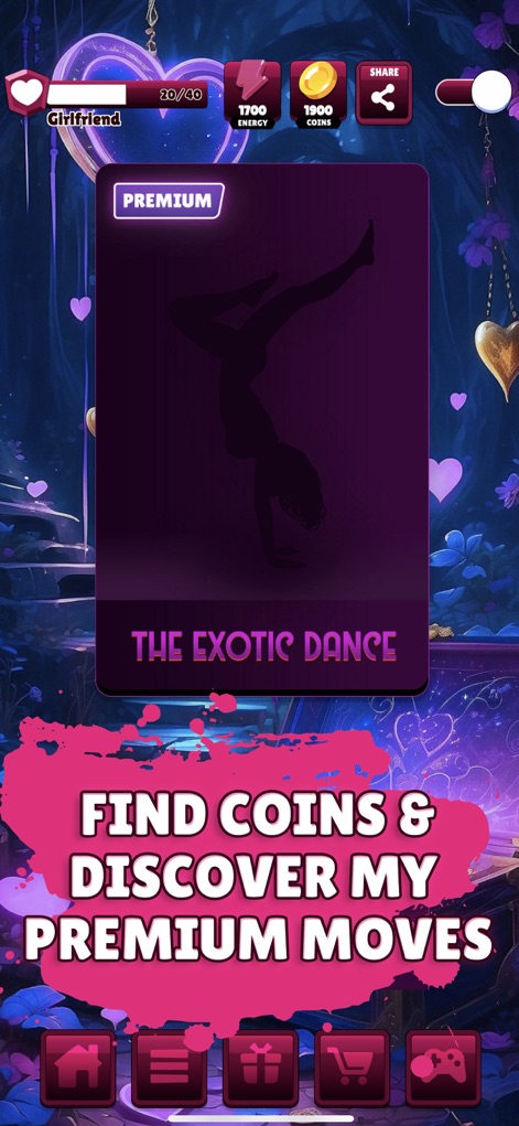 Pocket Love - Gamer Girl - 이 화면은 'PREMIUM' 라벨이 붙은 'THE EXOTIC DANCE'와 같은 특별한 동작들을 제시하며, 사용자는 코인을 사용하여 더 다양하고 흥미로운 동작들을 잠금 해제할 수 있습니다.