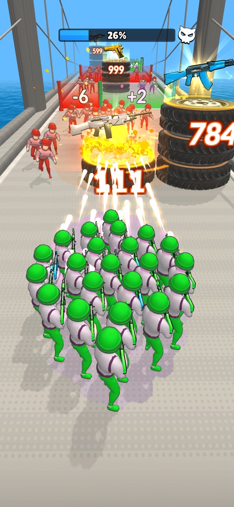 Real War: Not Fake - See the continuous action as soldiers engage targets, with real-time numerical adjustments to army size and a diverse array of weapon icons indicating firepower.