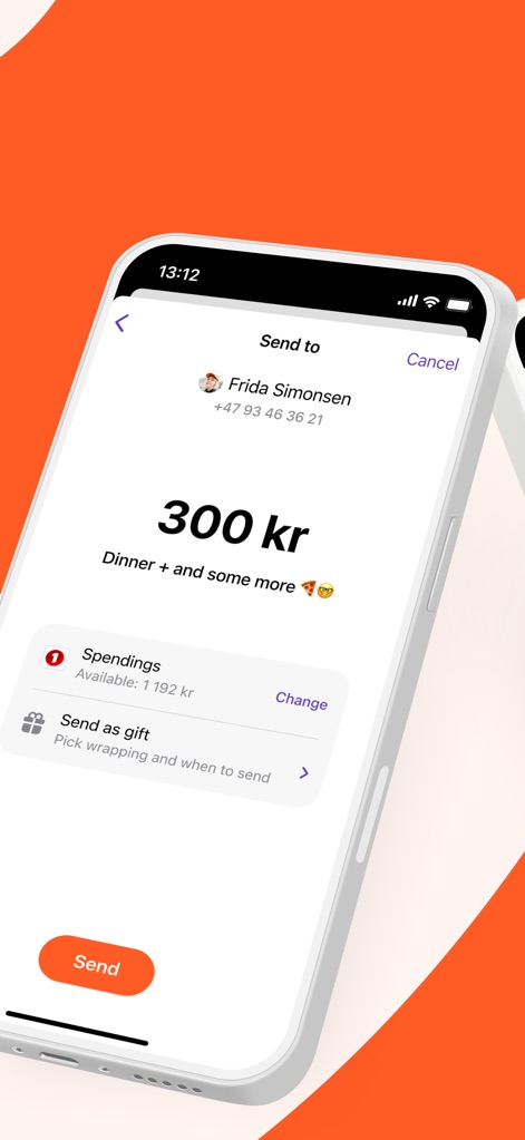 Vipps - Users can quickly send money to contacts, clearly displaying the recipient's name like "Frida Simonsen" and the specified amount, while offering the convenient option to "Send as gift" with digital wrapping.