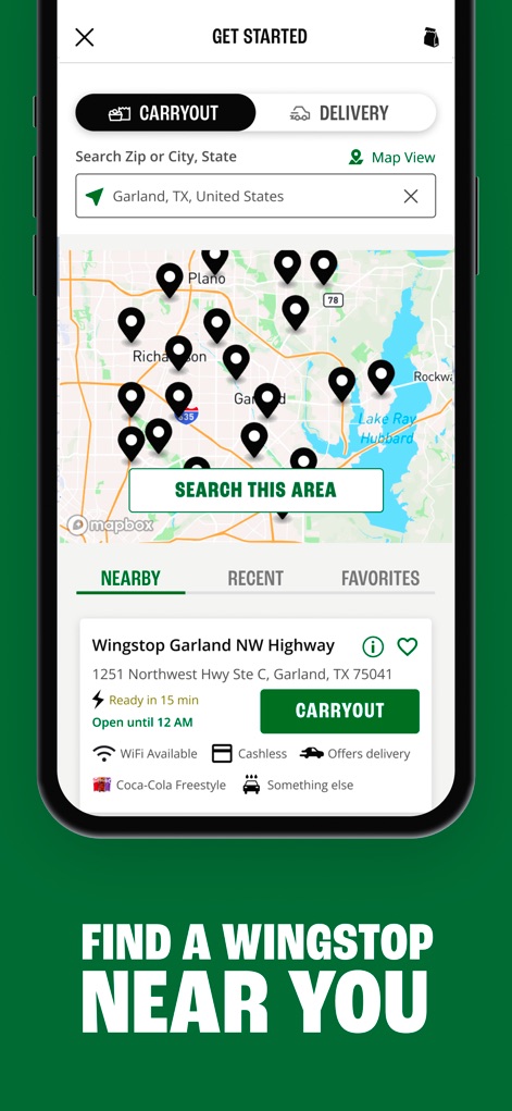 Wingstop - Nutzer können mit diesem Screen mühelos die nächste Filiale finden, dank einer interaktiven Karte mit vielen Standort-Pins und der klaren Auswahlmöglichkeit zwischen Abholung und Lieferung.