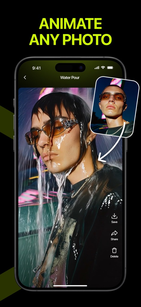 HG - AI Video Generator - This tool highlights its ability to "ANIMATE ANY PHOTO" by applying dynamic effects like pouring water, with convenient "Save" and "Share" functionalities readily available.