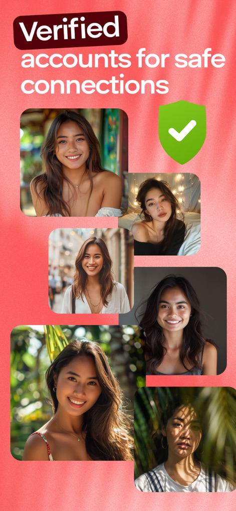 FilipinoCupid: Filipino Dating - Experience enhanced safety through the app's verification process, visually represented by multiple smiling profile photos and a prominent green shield checkmark, ensuring authentic connections.
