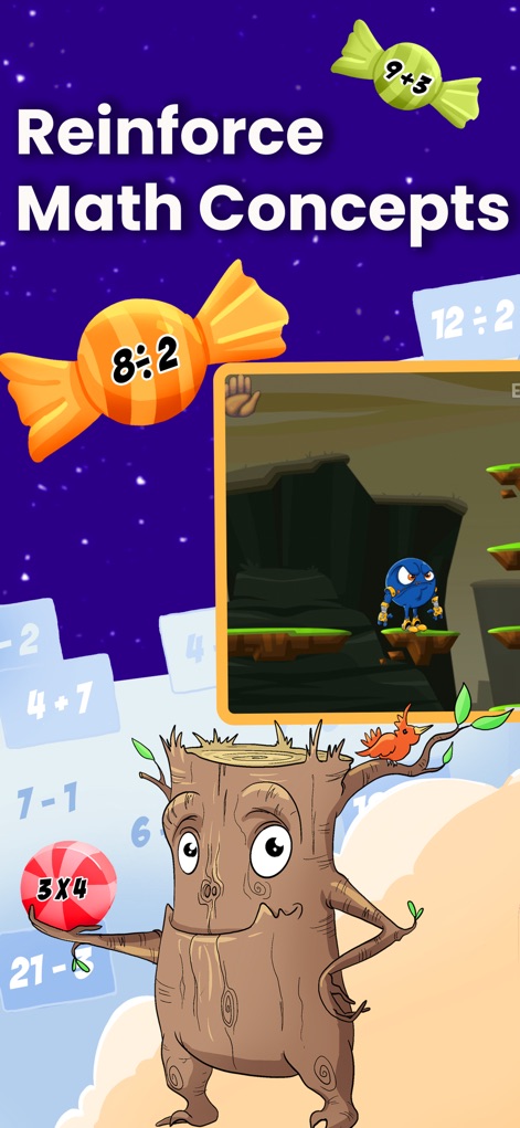 Math Facts Fun Practice Games - 이 스크린샷은 '다양한 수학 문제 형식'을 통해 아이들이 수학 개념을 재미있게 다질 수 있음을 보여줍니다. '친근한 게임 캐릭터'가 학습 여정을 함께하며 개념 강화를 돕습니다.