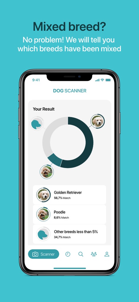 Dog Scanner - This tool provides a detailed breakdown of mixed breeds, showing percentage matches for individual breeds like Golden Retriever and Poodle in a clear chart.