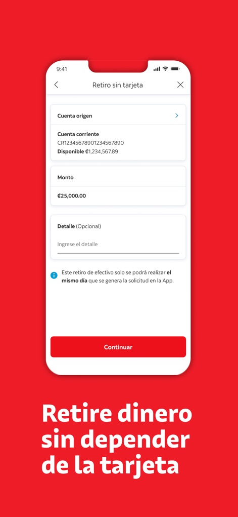 DAVIbank Costa Rica - 사용자는 이 화면에서 'Retiro sin tarjeta' 기능을 통해 본인의 'Cuenta origen'을 선택하고 출금할 'Monto'를 입력하여 카드 없이 편리하게 현금을 인출할 수 있습니다.