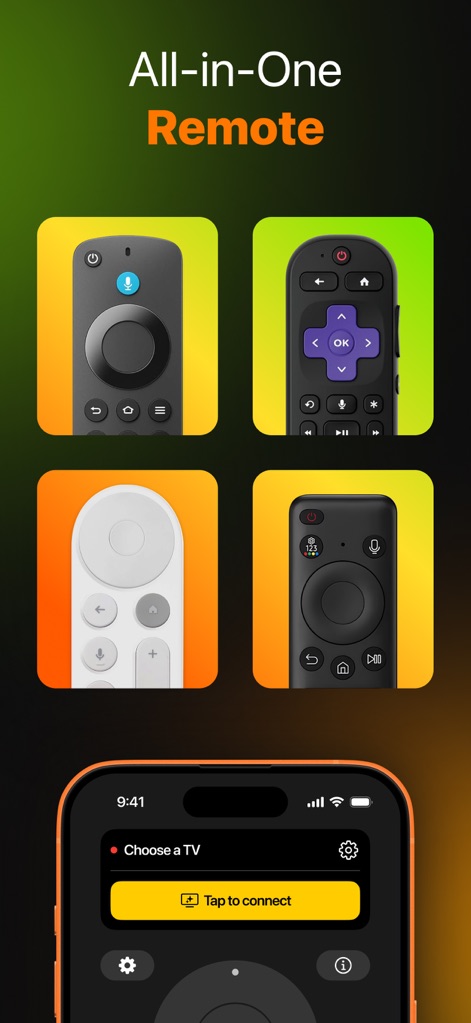 TVRem Universal TV Remote App - La aplicación reemplaza múltiples mandos físicos, como los de Fire TV y Roku, mostrando la simplicidad de la conexión en pantalla con el botón "Tap to connect".