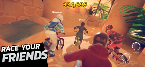 Touchgrind BMX 3: Rivals - The app showcases a group of riders on a detailed track and visible player names like 'Duderido' and 'Neon', inviting users to engage in social racing.
