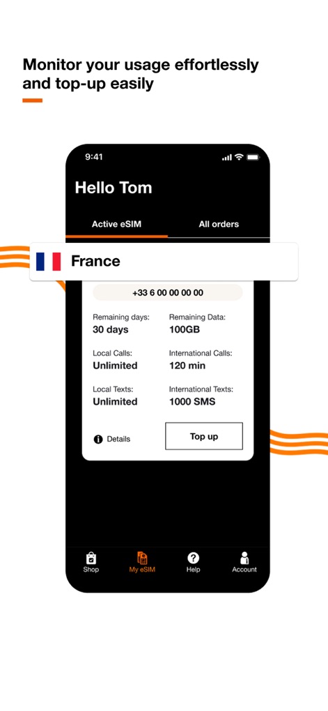 Orange Travel: Prepaid eSIM - Les voyageurs peuvent aisément surveiller leur consommation avec les indicateurs clairs de jours et de données restants, et prolonger leur connectivité en toute simplicité via le bouton de recharge "Top up" intégré.