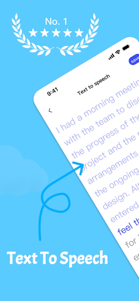 TTSpeech: Text to Speech Audio - L'app si distingue per l'eccellente valutazione utente, evidenziata dal distintivo 'No. 1' e dalle stelle. Gli utenti possono facilmente convertire il testo visualizzato nel campo dedicato in audio con un'interfaccia chiara.