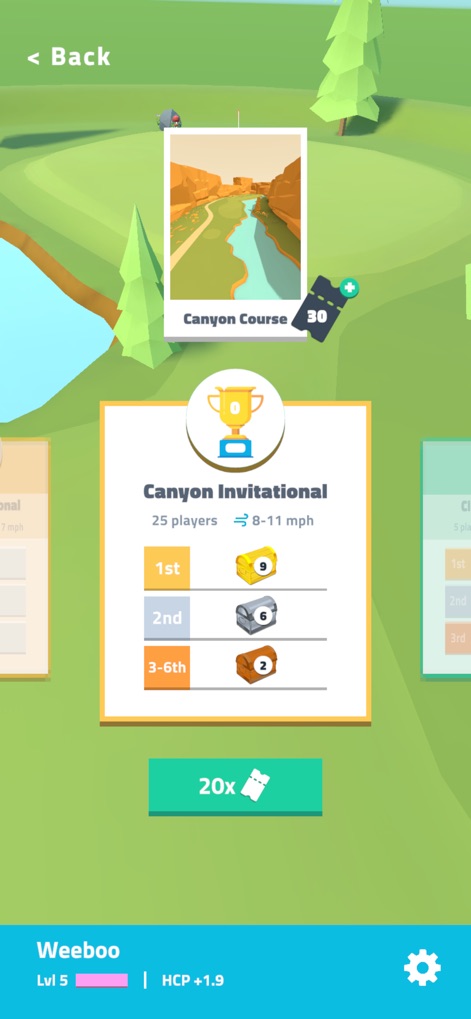 Golf Dreams - Players can explore various 'Tournaments' like the 'Canyon Invitational', clearly displaying potential rewards for '1st' and '2nd' place finishes.