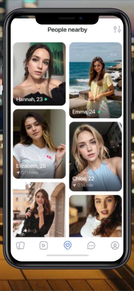 LovePlanet - Dating App - This screen efficiently displays "People nearby," showcasing individual user profiles with their names and ages, alongside their close proximity, like "0.11 miles."