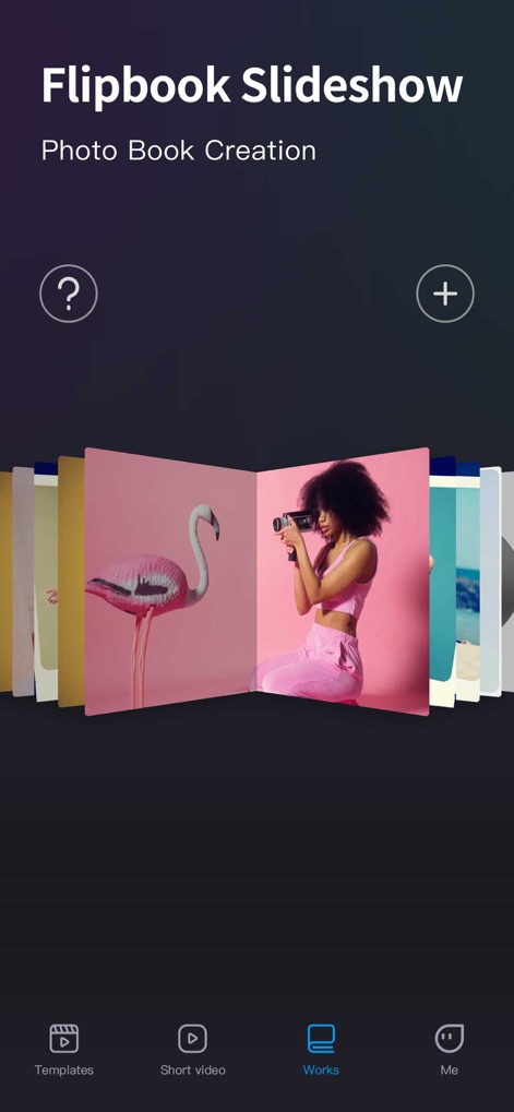 Slideshow Maker - MovieStudio - La aplicación introduce una función innovadora de presentación tipo "flipbook" para la creación de libros de fotos, destacando su naturaleza visual con imágenes de un flamenco y una persona con cámara.