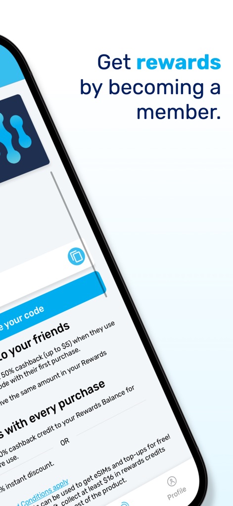 MobiMatter: eSIM Marketplace - The rewards program encourages user engagement by detailing benefits such as "Introduce us to your friends" and earning "50% cashback" on initial purchases.