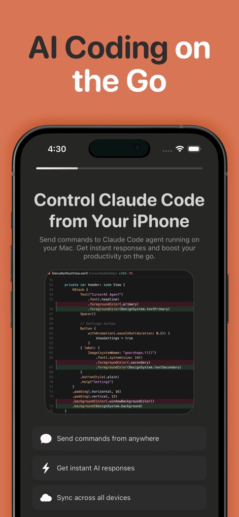 Mobile IDE for Claude Code - The app empowers users to send prompts from their device to a Mac and sync results across all devices for seamless development.