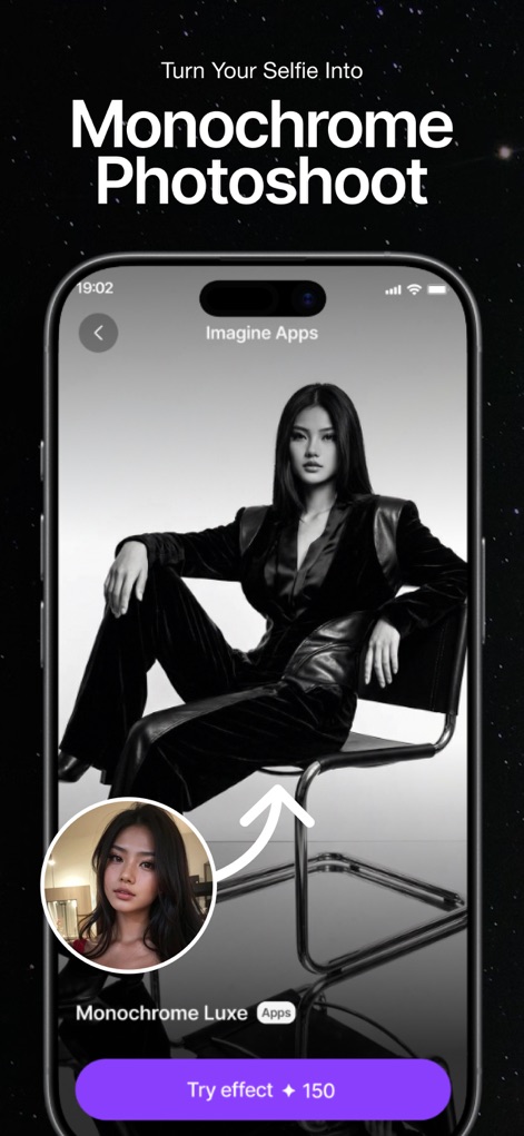 ImagineArt: AI Video Generator - Esta captura de tela destaca o recurso do aplicativo para converter uma selfie em um sofisticado ensaio fotográfico monocromático, apresentando um retrato elegante em preto e branco.