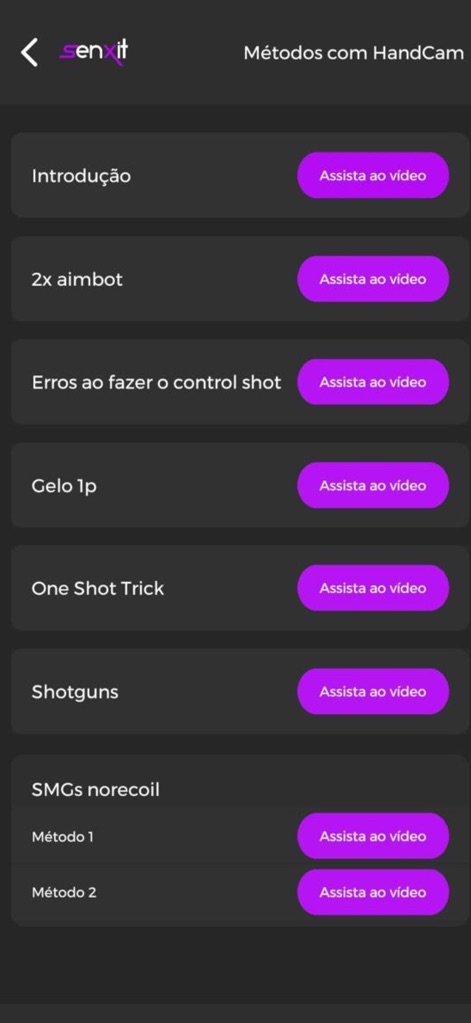SenXit - Pacote de Sensi FF - Los 'Métodos com HandCam' detallan tácticas especializadas para el juego, incluyendo guías sobre '2x aimbot' y 'Erros ao fazer o control shot', proporcionando a los usuarios tutoriales visuales clave.