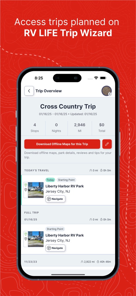 RV LIFE - RV GPS & Campgrounds - Questo strumento presenta un "Trip Overview" dettagliato per viaggi come "Cross Country Trip", mostrando le tappe e il chilometraggio totale, e offre la funzionalità "Download Offline Maps for this Trip" per un accesso continuo.