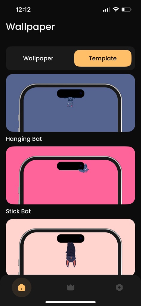 iland - 4K Wallpapers - Users can easily browse unique Dynamic Island templates like "Hanging Bat" and "Stick Bat" by navigating to the dedicated "Template" tab within the app.