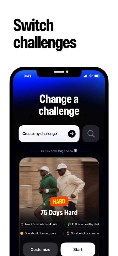 75 Days Challenge Tough & Soft - L'app offre la possibilità di "Switch challenges", permettendo agli utenti di "Create my challenge" su misura o di selezionare da un elenco predefinito, come la sfida "75 Days Hard" con le sue regole specifiche.