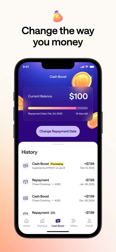 Credit Genie: Get Cash Advance - Witness the straightforward interface for tracking current cash boost balances and repayment dates, alongside a comprehensive history of past cash boost and repayment transactions.