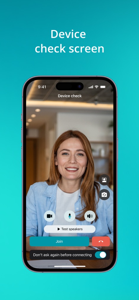 TrueConf: Business Messenger - Vor dem Beitritt zu einer Konferenz können Nutzer ihre Geräte wie Kamera und Mikrofon überprüfen und die Lautsprecher testen, um eine reibungslose Teilnahme zu gewährleisten.