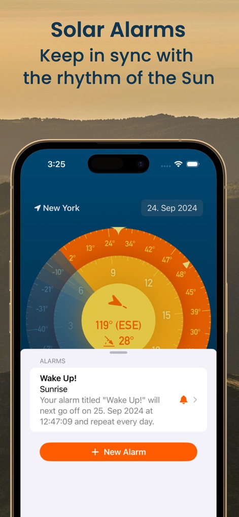Sunset Prediction SolarWatch - Questa sezione illustra la funzionalità degli allarmi solari configurabili per i momenti chiave e presenta un quadrante solare intuitivo per monitorare il ciclo quotidiano del sole.