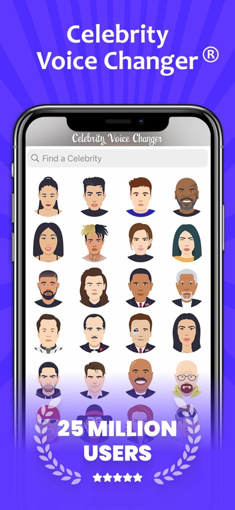 Celebrity Voice Changer Live - View the extensive collection of celebrity caricatures, showcasing the app's popularity through its '25 Million Users' achievement badge.