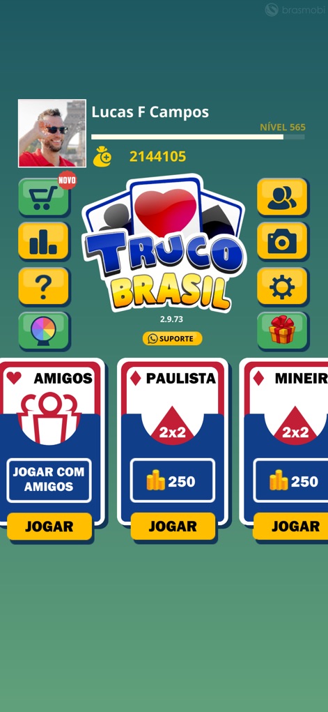 Truco Brasil - Truco online - Explore the intuitive main menu, showcasing the user's profile with level and coins, alongside quick access to diverse game modes.