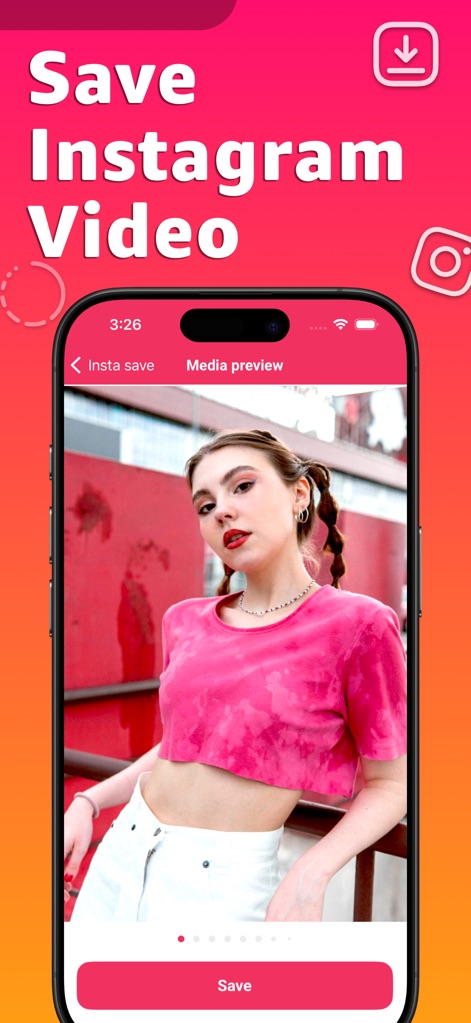Instant Save: Reel Story Video - Los usuarios pueden previsualizar los videos antes de guardarlos, con una interfaz intuitiva que presenta la previsualización de un video y un prominente botón para guardar el contenido deseado.