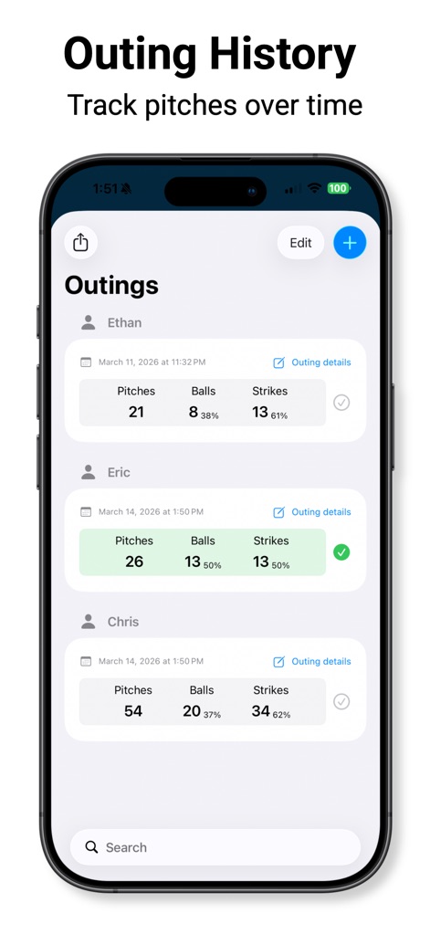 Pitch Counter & Radar Gun - Users can review past performance with detailed outing records for individual players, showing total pitches, balls, and strikes.